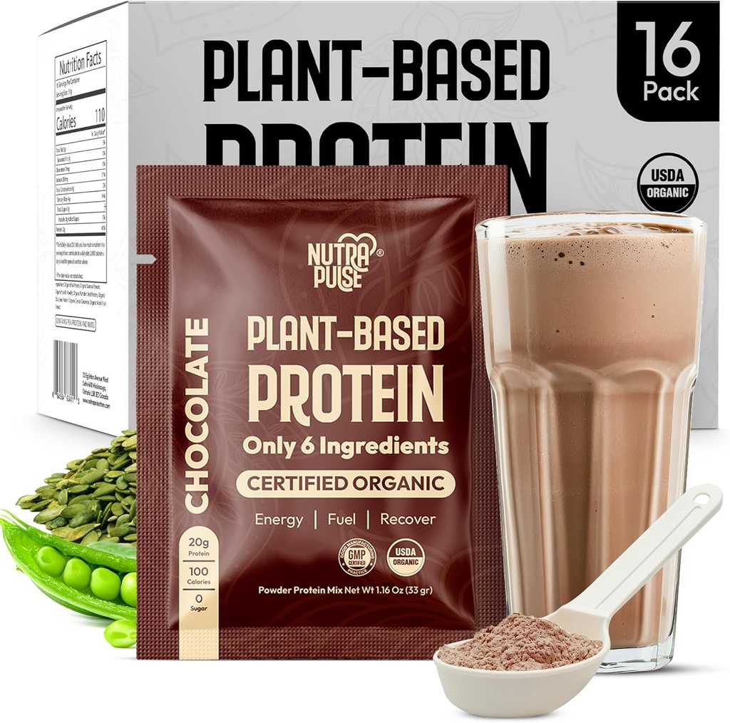 Organic Vegan Protein Powder Pack - Plant- baseret protein, Gluten- fri, Ikke GMO, 20g Protein Per Servering, Great for Smoothies & Shakes (Chokolade, pakke med 16)