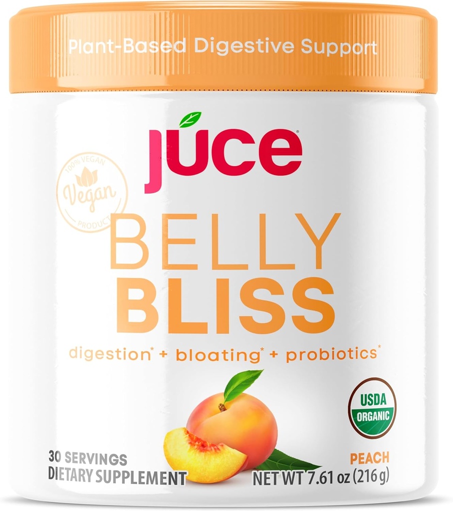 Júce Belly Bliss, Peachy Green, 30 portioner, Probiotika + Grønne, Bloating Support med Plant- baserede fordøjelsesenzymer, Kosttilskud Pulver - Af Terra Kai Organics