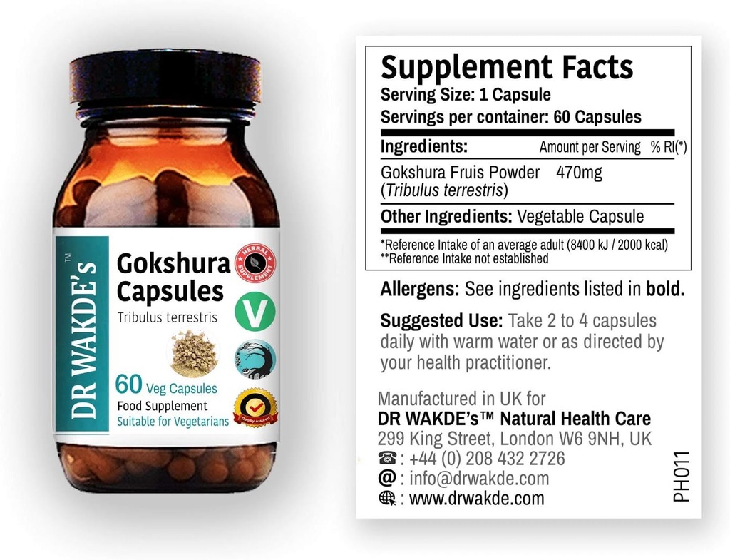DR WAKDE 's Gokshura Kapsler (Tribulus terrestris) - 60 Veg Caps - 124; 100% Pure, All- Natural Supplement - 124; Vegan, Plant- baseret, Understøtter Vitality og Urinary Health