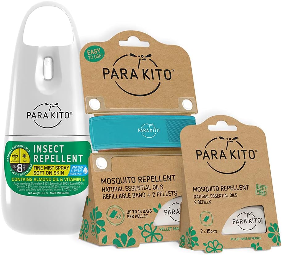 PARAKITO Mosquito, Insect & Bug Spray Bundle - Inkluderer Spray, Turkis armbånd & 4 Refills - 124; DEET Free, Citronella Essential Oliils, Perfekt til Camping, Vandring, Rejser Udendørs Aktiviteter
