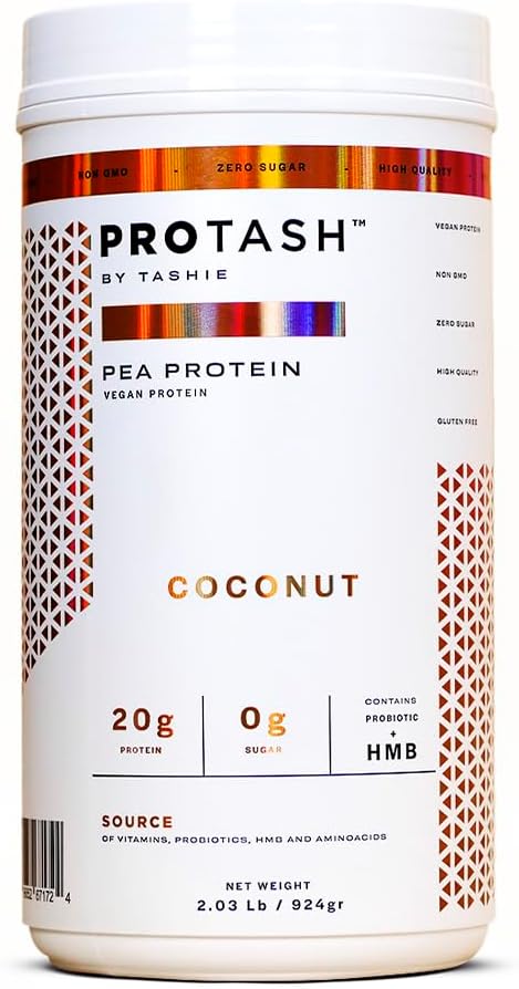 Vegansk protein pulver af TASHIE - Organic Plant Based Protein Powder med BCAA, HMB & Probiotika, Zero Sugar, Non- GMO, Gluten Free, NSF Certified, 28 Servere - Kokosolie Protein Powder