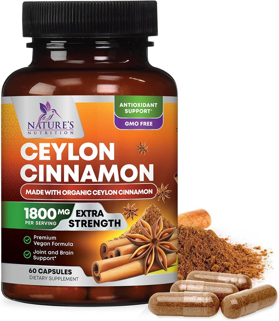 Organic Ceylon Cinnamon Supplement 1800 mg - Certificeret Organic Ceylon Cinnamon Powder Pills - Energy & Heart Support for Women & Men, Flasket i USA, Antioxidant, Gluten Free, Non- GMO - 60 kapsler