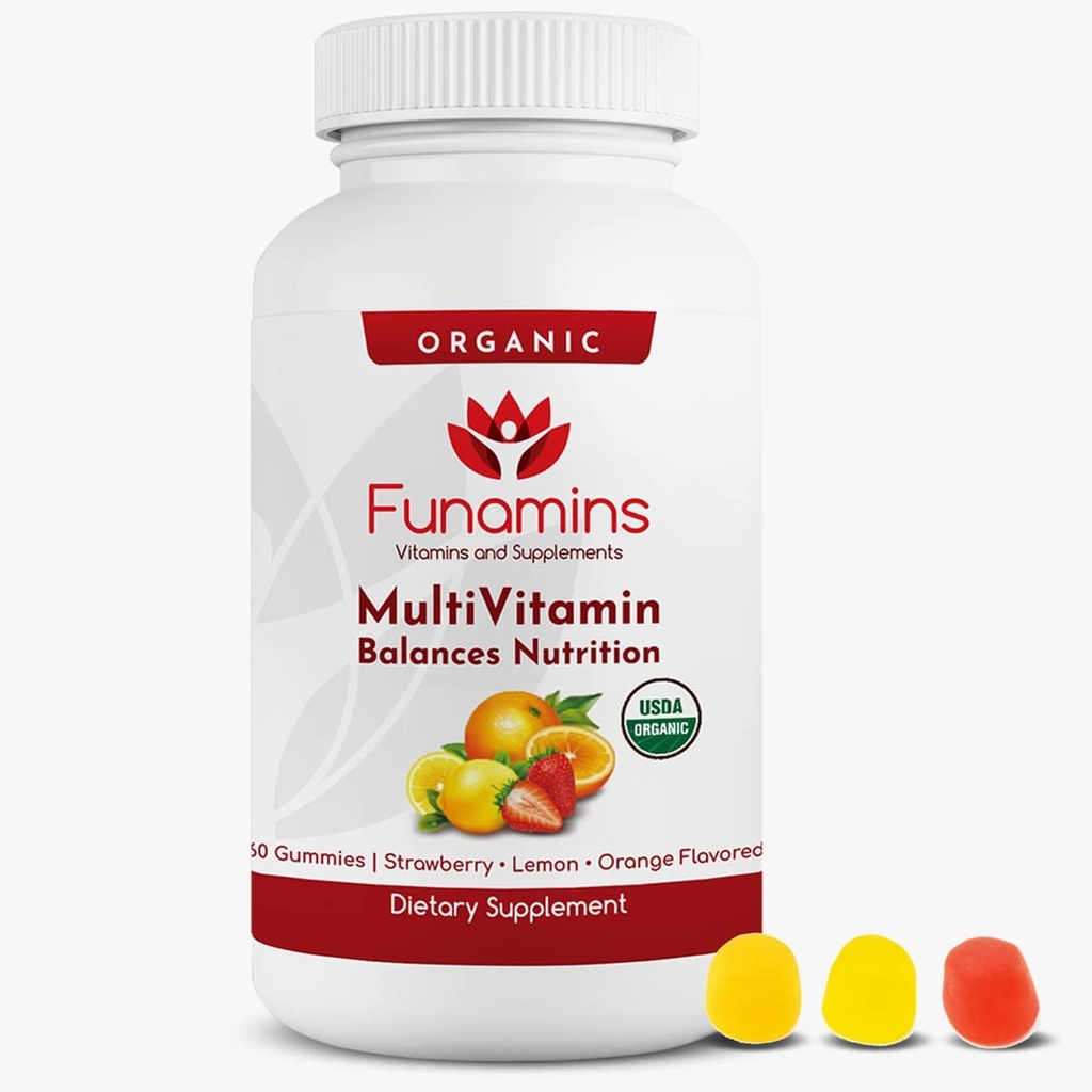 Organic Gummy MultiVitaminer, Blend of 11 Essential Nutrients, for børn og voksne, Vegan, 60 Greve; Diverse Strawberry, Lemon, Orange Flavors