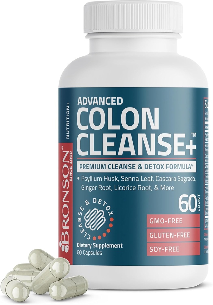 Bronson Advanced Colon Cleanse Premium Cleanse & Detox Formel med Psyllium Husk, Senna Leaf, Cascara Sagrada, Ginger Root, Lakrids Root & mere, Non- GMO, 60 kapsler