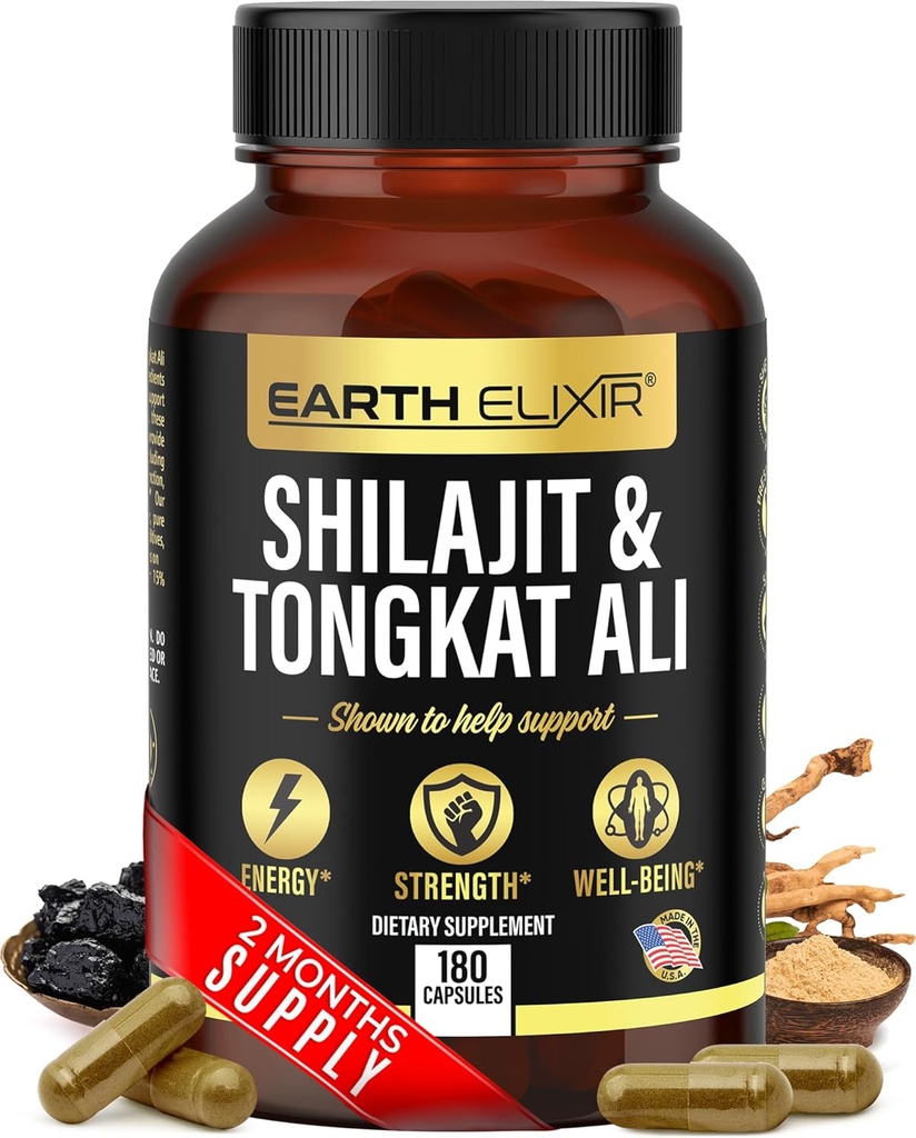 Earth Elixir Shilajit 1000mg & Tongkat Ali 400mg (180 kapsler) Made in USA- Shilajit Supplement (20% Fulvic Acid) Shilajit Pure Himalayan Organic & Tongkat Ali for mænd mere potent end Shilajit Resin