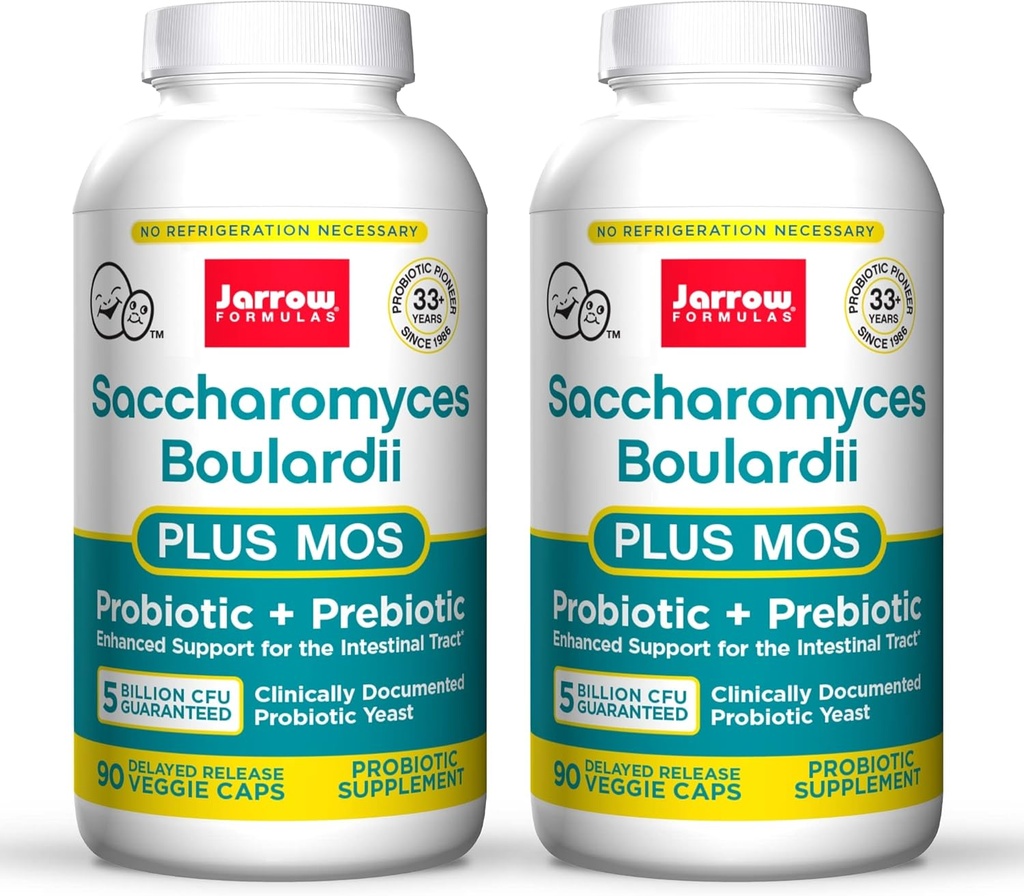 Jarrow Formulas Saccharomyces Boulardii + MOS - 5 Millioner Leable Organisms Per Servering - 90 Delayed Release Veggie Caps, 2 Pack - Probiotic + Prebiotic - Intestinal Tract Support - Op til 180 Servere
