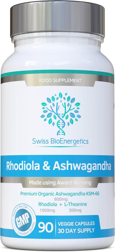 Rhodiola & Ashwagandha med L- Theanine - Award Winning Ashwagandha KSM- 66 600mg & 1500mg Rhodiola (3% Rosavins - 1% Salidrosides) hel rodækvivalent - adaptogen combo- Ingen kunstige fyldstoffer