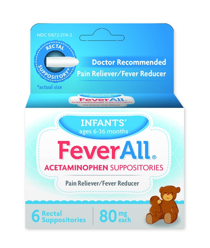 Feverall Infant Acetaminophen Suppositorier 6 Rektal Suppositorier 80mg Hver smertestillende / Fever Reducer. Paraben Free, Ingen kunstige farver eller andre konserveringsmidler. Alder 6- 36 Måneder