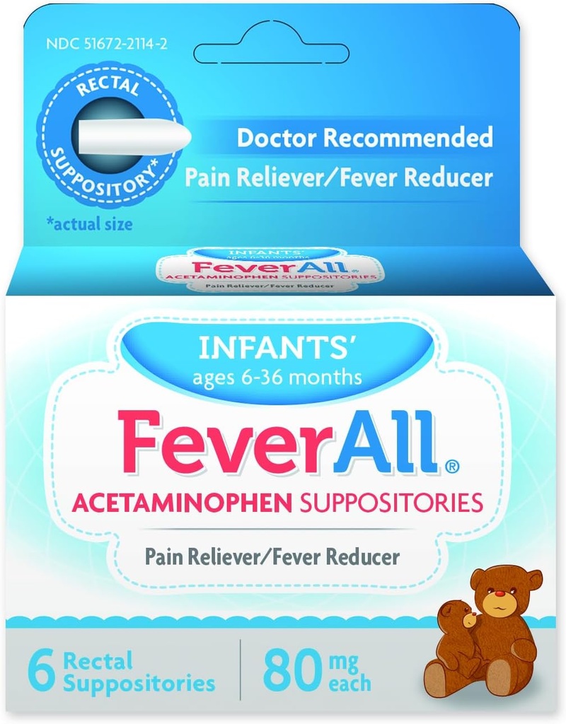 Feverall Infant Acetaminophen Suppositorier 6 Rektal Suppositorier 80mg Hver smertestillende / Fever Reducer. Paraben Free, Ingen kunstige farver eller andre konserveringsmidler. Alder 6- 36 Måneder