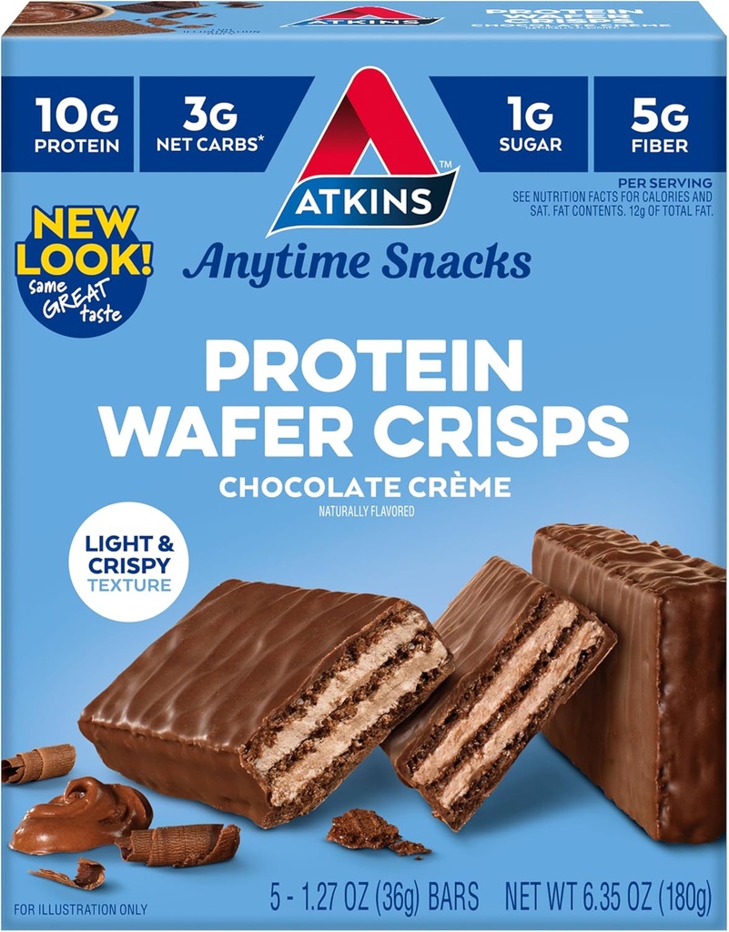 Atkins Chocolate Crème Protein Wafer Crisps, Protein Dessert, 4g Net Carb, 1g Sugar, High in Fiber, Keto Friendly, 5 Greve