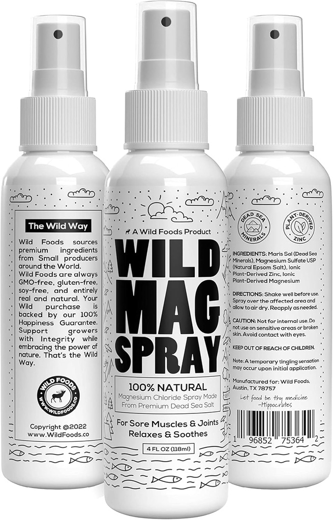 Wild Magnesium Spray fra Dead Sea Salt - naturlige ingredienser - 100% Pure Magnesium Spray - Sikker og effektiv - Muskler kramper, Fælles Spænding, Stress Management
