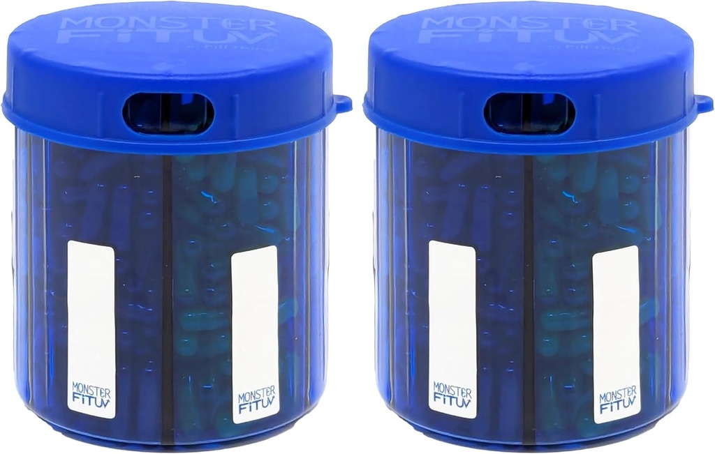 Monster Jr Supplement Pille Dispenser med etiketter - Holds Small Medium Medicin Vitamin og Nemt Dispense fra One Container Inkluderer Segment Labels (Monster Jr Blue UV - 2 Pack)