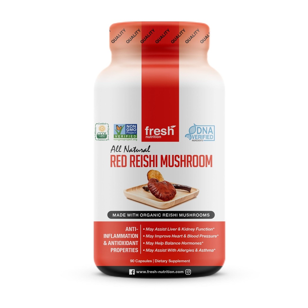 Frisk Nutrition Organic Reishi Mushroom Capsules - Rich in Alpha Glucan - Ganoderma Lucidum & Ganoderma Applanatim - Tredjeparts testet - 90 Kapsler / piller