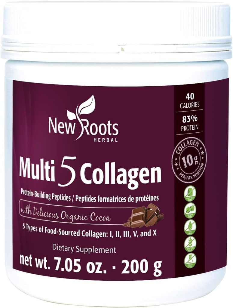NY ROOTS HERBAL Multi 5 Coco Collagen pulver supplement (type I, II, III, V og X) Hydrolyzed Collagen - Dairy & Gluten Free - 12g per servering - Chokolade Flavor, 7.05 oz