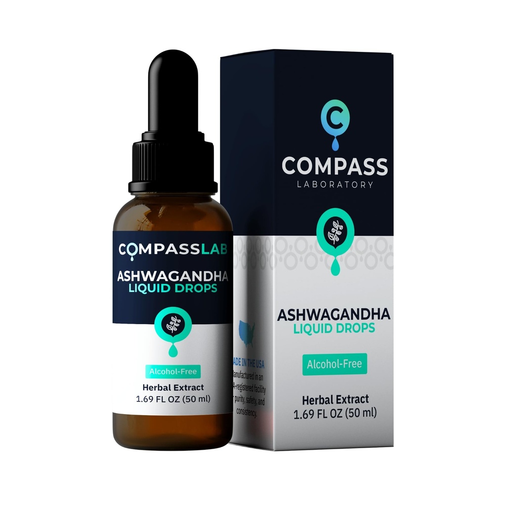 COMPASS LABORATORIE Ashwagandha Liquid Drops - Food Support and Wellness Supplement - Natural Cortisol Manager og immunbooster - 2 fl oz