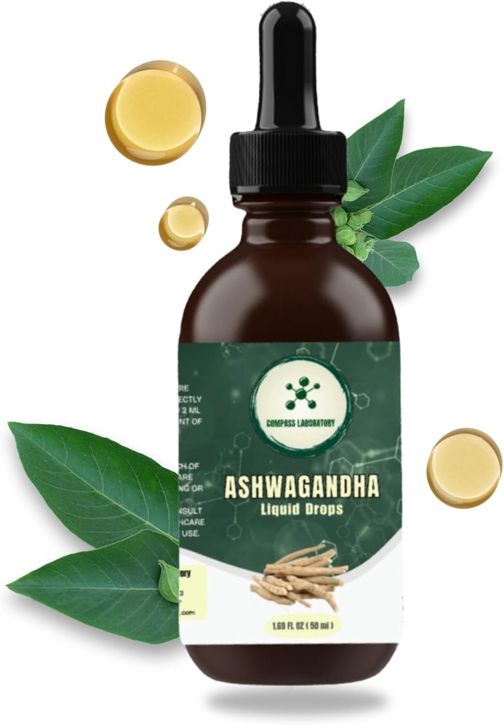 COMPASS LABORATORIE Ashwagandha Liquid Drops - Food Support and Wellness Supplement - Natural Cortisol Manager og immunbooster - 2 fl oz