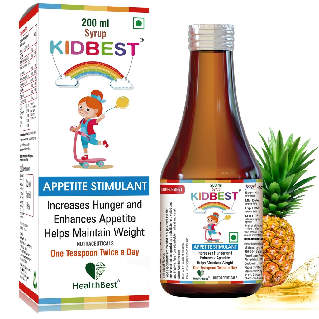 HealthBest Kidbest Appetite Booster til børn 3- 13 år med L- Lysin & B Vitaminer Syrup, Hjælper sund vægt Gain, Pineapple Flavor, Øger sult, Appetite Stimulant, 200ml