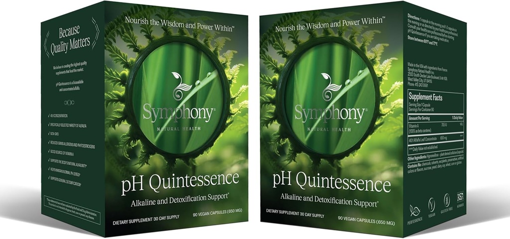 Symfoni naturlig sundhed pH Quintessens - 40: 1 Alfalfa koncentrat - 180 Vegan kapsler (60 dages forsyning) - Alkaline The Body, Balance pH og Support Detox (2 Pack)