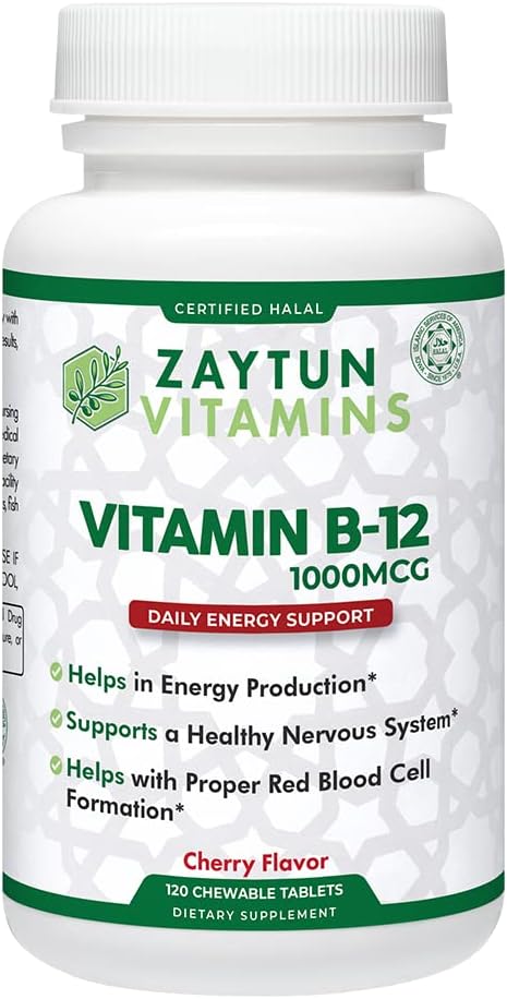 Zaytun Halal Vitamin B12 1000mcg, fremmer energiproduktion, Metabolisme og sundt nervesystem - Vegetarer og Veganere Formel - Dairy- Free - 4 Måneders Tilgang - Made in USA