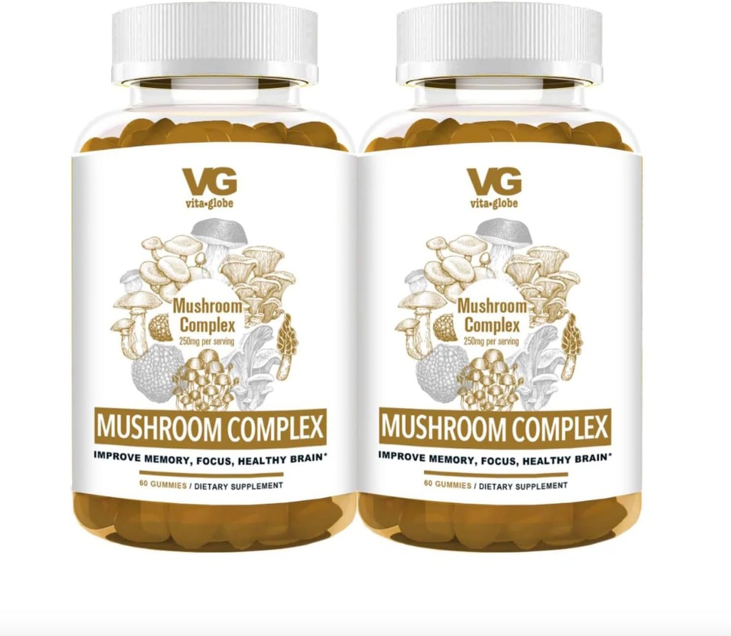 VITA GLOBE Mushroom Complex Gummies - 250 mg med Reishi, Lion 's Mane, Chaga, Cordyceps & Mere Buddy 124; Dagligt tillæg for immunforsvar, energi & hjerne funktion support - 120 Greve (pakke af 2)