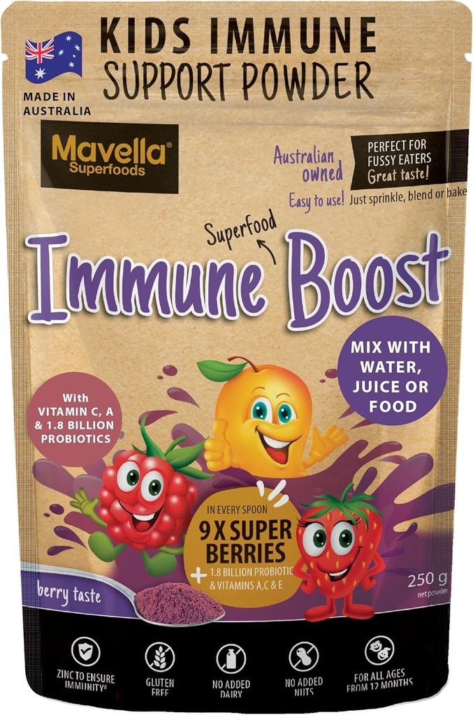 Kids immunforsvar pulver - immunsystemet støtte med vitamin C A + E, Magnesium & Probiotika til med 9 Superbær - Berry Smag Immunitet Gumier Alternativ 8.82oz (250g)