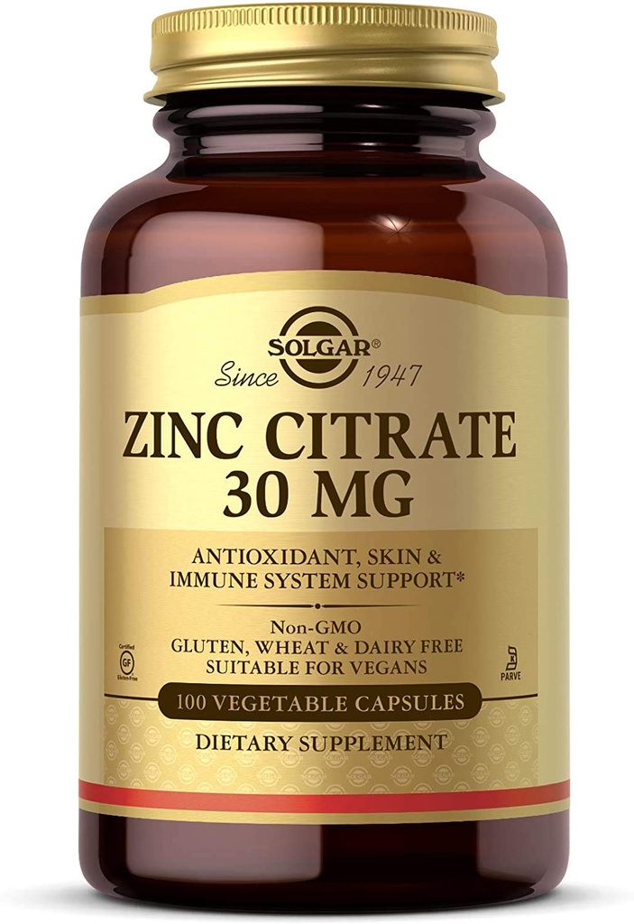 Solgar Zink Citrat Vegetabilske kapsler, 100 Greve, Non- GMO, Gluten Free, og Kosher, understøtter immunsystemet sundhed, sund hud og øjne, normal smag og vision