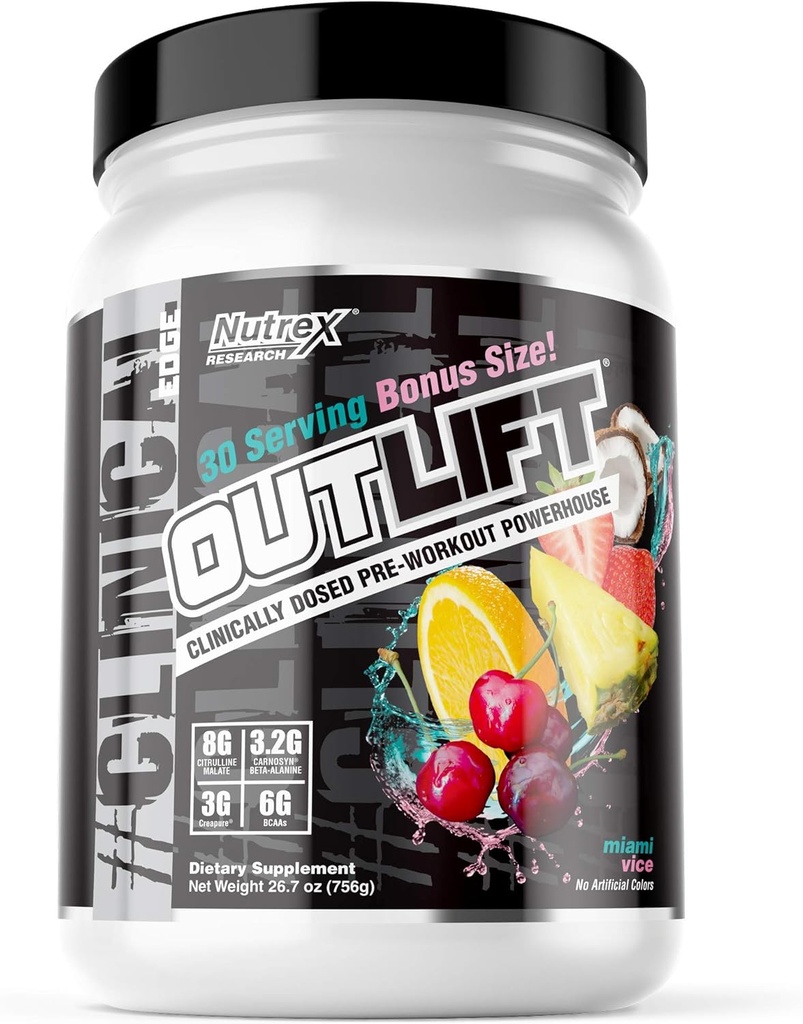 Nutrex Outlift Klinisk Doseret Pre Workout Pulver med Creatin, Citrullin, BCAA, Beta Alanine, Koffein • 124; Energi, Power, Pump Preworkout Supplement • 124; Miami Vice 30 Servering