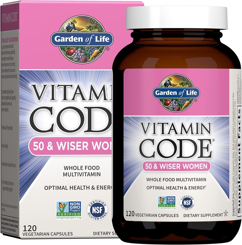Garden of Life Multivitamin for Women 50 & Over, Vitamin Code Women 50 & Wiser Multi - 120 Capsules, Vitamins for 50 Plus with B Vitamins, Vitamins A, C, D3, E & K, CoQ10, Probiotics & Enzymes