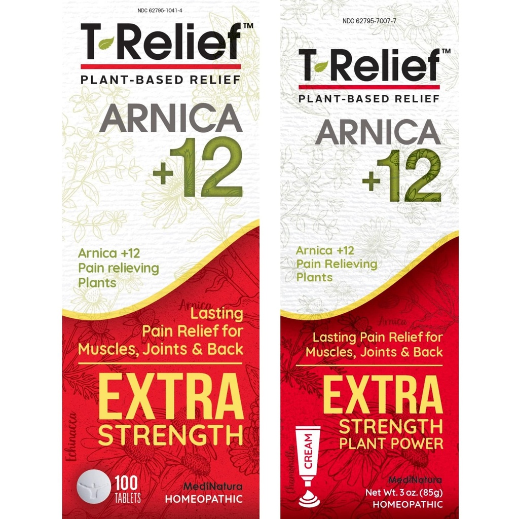 MediNatura T- Relief Extra Strength Pain Relief Arnica + 12 Plantbased Pain Relievers 100ct Tablets T- Relief Extra Strength Pain Relief 3oz Cream Bundle