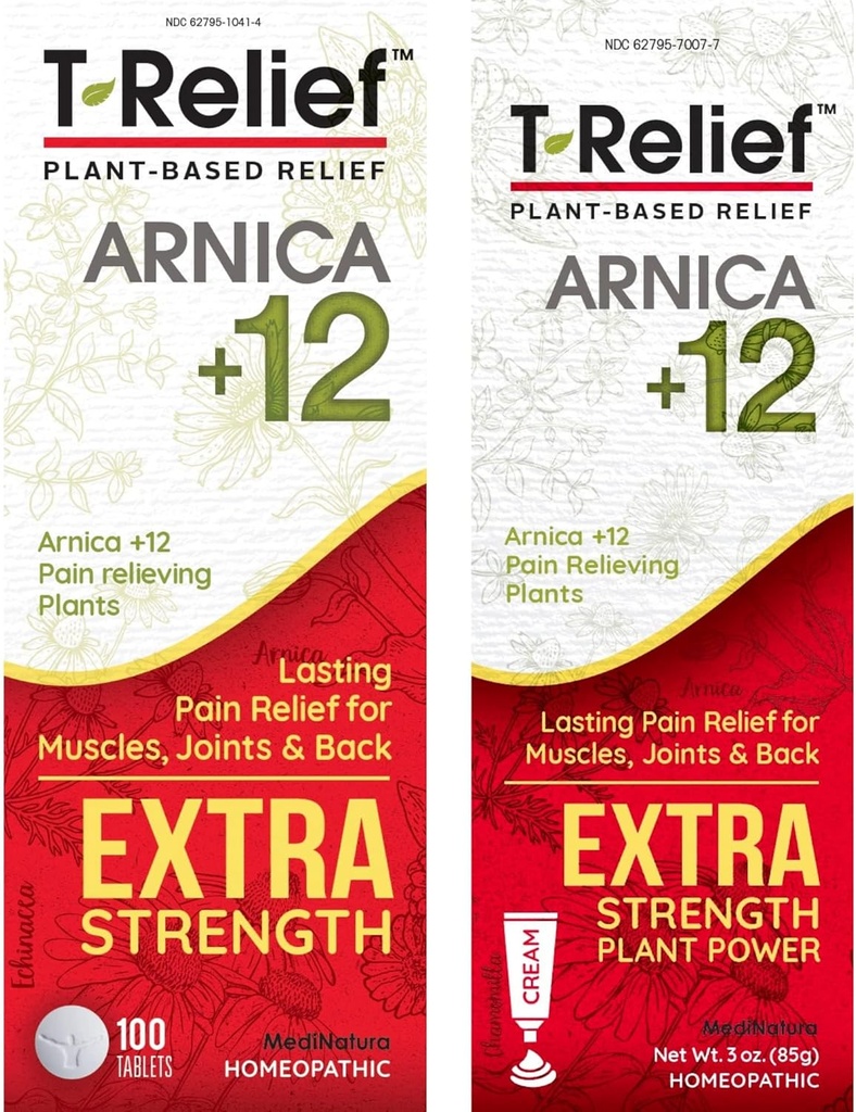 MediNatura T- Relief Extra Strength Pain Relief Arnica + 12 Plantbased Pain Relievers 100ct Tablets T- Relief Extra Strength Pain Relief 3oz Cream Bundle