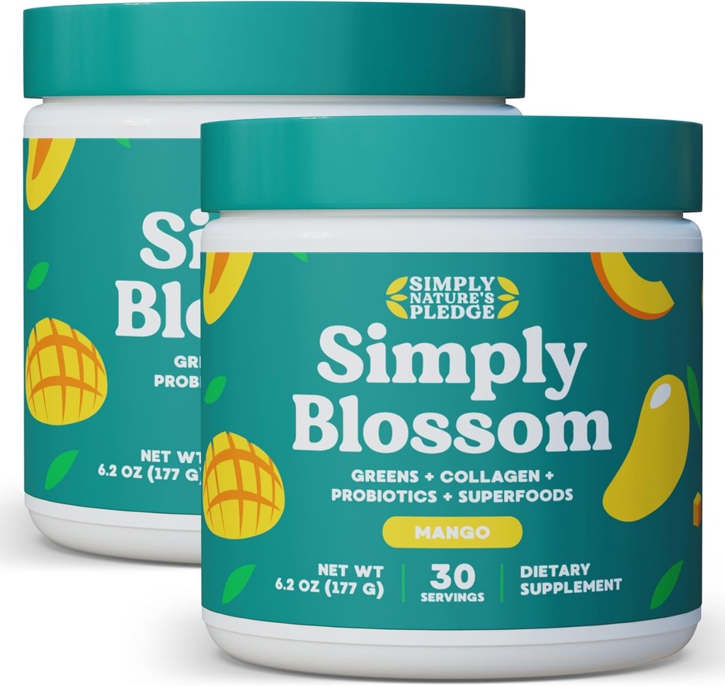 Simply Blossom Nutrition Daily Green & Superfood Powder + Collagen + Probiotika til kvinders fordøjelsesmæssige sundhed & Bloating Relief. Hjælp dit helbred Bloom - 2 måneders levering - Mango