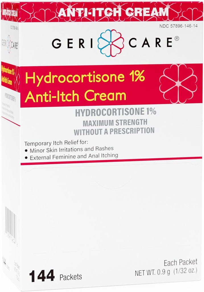 Gericare Hydrocortison 1% Anti- Itch Cream, Maksimal styrke, 144 Count Pack, 0.5oz Hver pakke (pakke med 1)