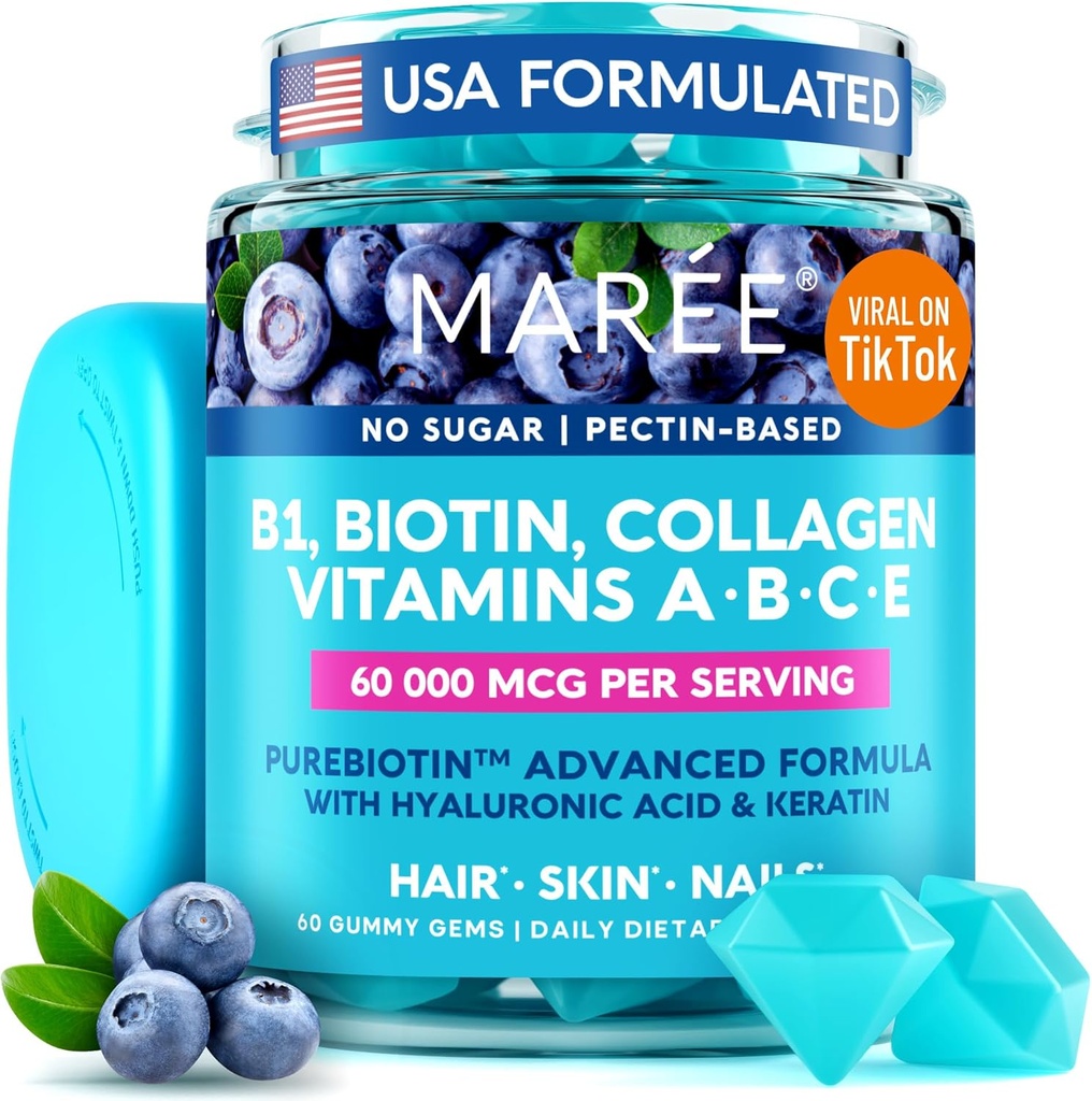 MAREE Vitamin B1 Thiamin & B7 Biotin Gummies - A E D C Vitamin Complex med Keratin, Collagen, Hyaluronic & Pantothensyre til hud, negle og hår