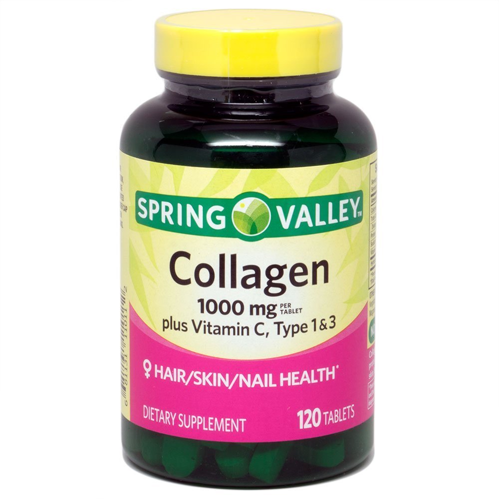 Spring Valley Collagen 1000 mg per tablet, Plus C-vitamin, type 1 & 3, 120ct ved equate