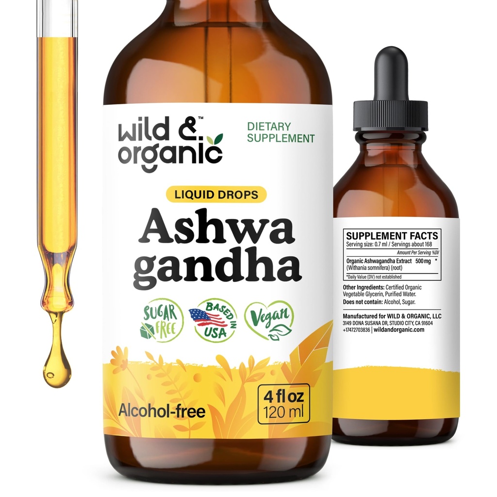 Wild & Organic Ashwagandha Drops - Food Support w / Ashwagandha Root Extract - Flydende Drops til rolig sind - Afslapning kosttilskud - Sukker & Alkohol- Gratis - 4 fl oz
