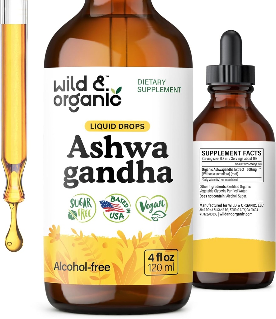 Wild & Organic Ashwagandha Drops - Food Support w / Ashwagandha Root Extract - Flydende Drops til rolig sind - Afslapning kosttilskud - Sukker & Alkohol- Gratis - 4 fl oz
