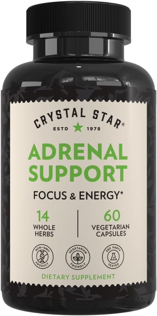 Crystal Star Adrenal Support Supplement (60 kapsler) - Daily Herbal Cortisol Supplement til Stress Relief & Adrenal Træthed - Sibirisk Eleuthero, Licorice, Uva Ursi, Astragalus & Fo-ti - Non- GMO