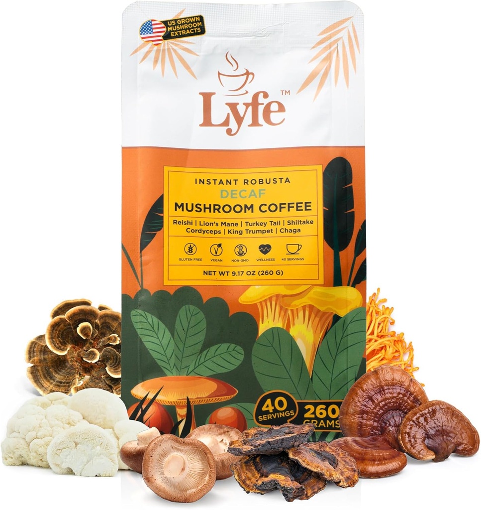 LYFE Organic Instant Decaf Mushroom Coffee - Lions Mane, Chaga, Cordyceps, Tyrkiet Tail - 124; USA Grown Adaptogen Mushrooms for Better Energy, Focus, Gut Health, Immunitet - 40 Serveringer