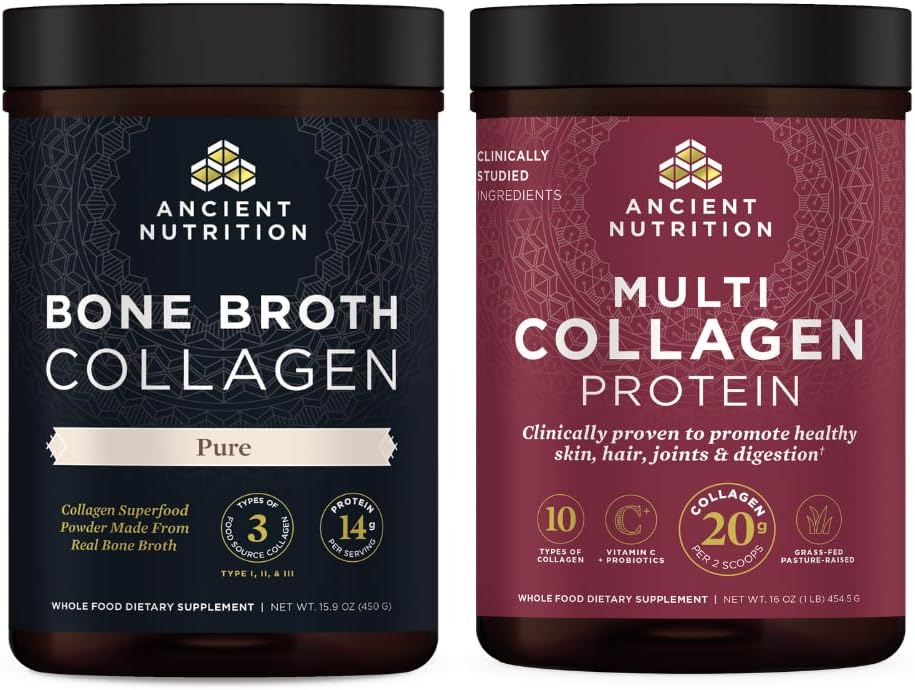Ancient Nutrition Bone Broth Collagen Powder, Pure, 30 Servere + Multi Collagen Protein Powder, Unflavored, 45 Servere