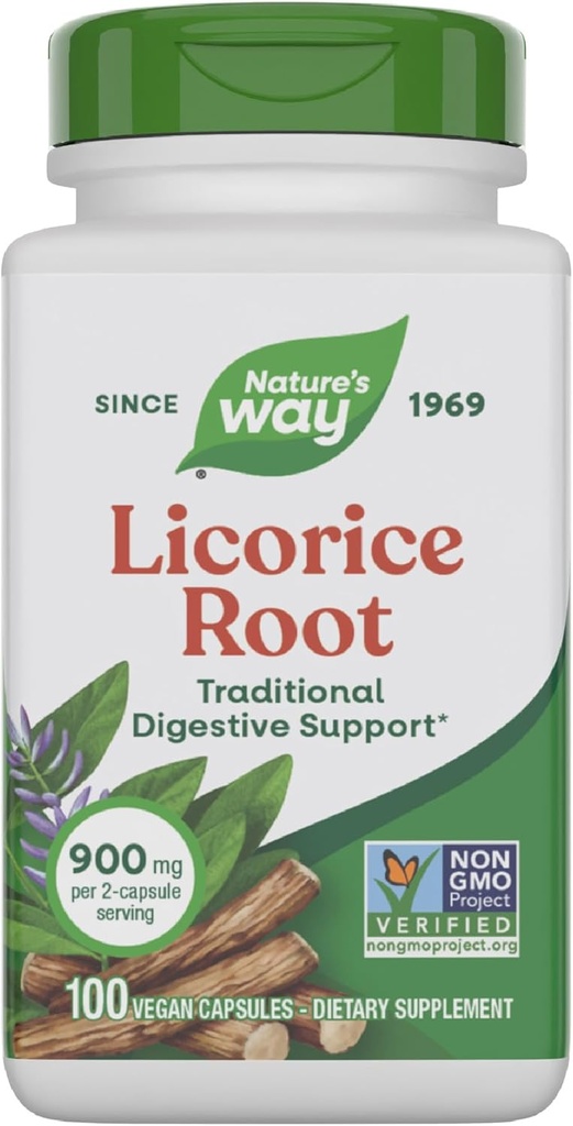 Nature 's Way Lakrids Root, Traditional fordøjelsesstøtte Supplement *, 900 mg pr. 2-Capsule Serving, Non- GMO Project Verified, 100 Vegan Kapsler (Packaging May Vary)