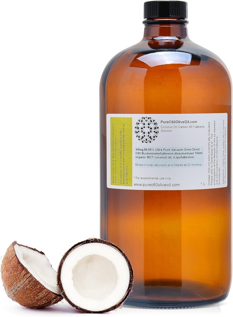 PureC60OliveOil C60 Organic MCT Coconut Oil 1L / 33.8 Fl Oz - 99.95% Carbon 60 Solvent Free 400mg - Amber Glass Bottle - Carbon 60 Coconut Oil - from The Leading Global Producer