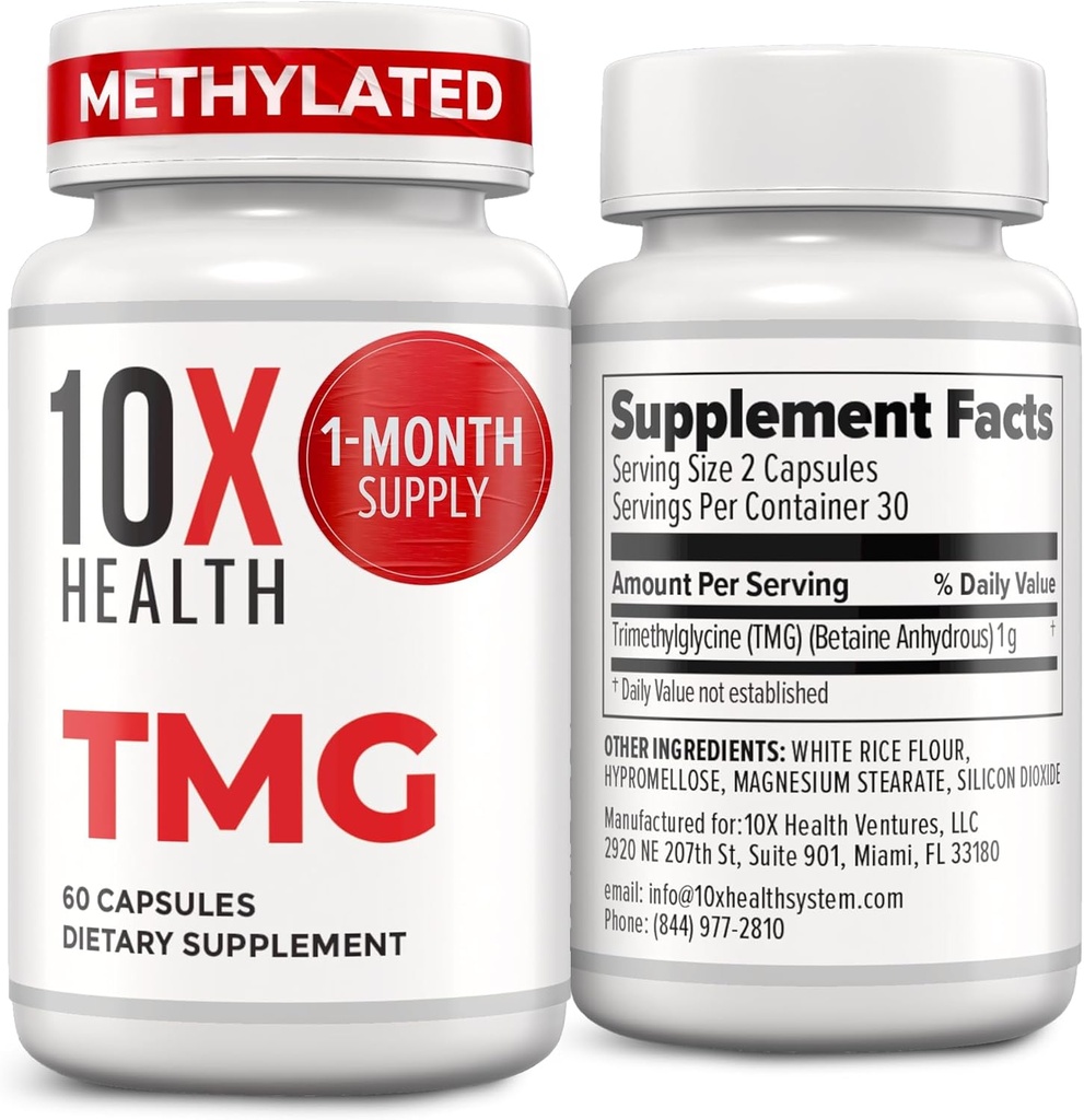 10X sundhed TMG kosttilskud - Trimethylglycin supplement til leverstøtte, hjerte wellness, energi, homocystein niveauer - TMG kapsler med betain anhydrid - ikke-GMO & gluten- fri - 60 kapsler