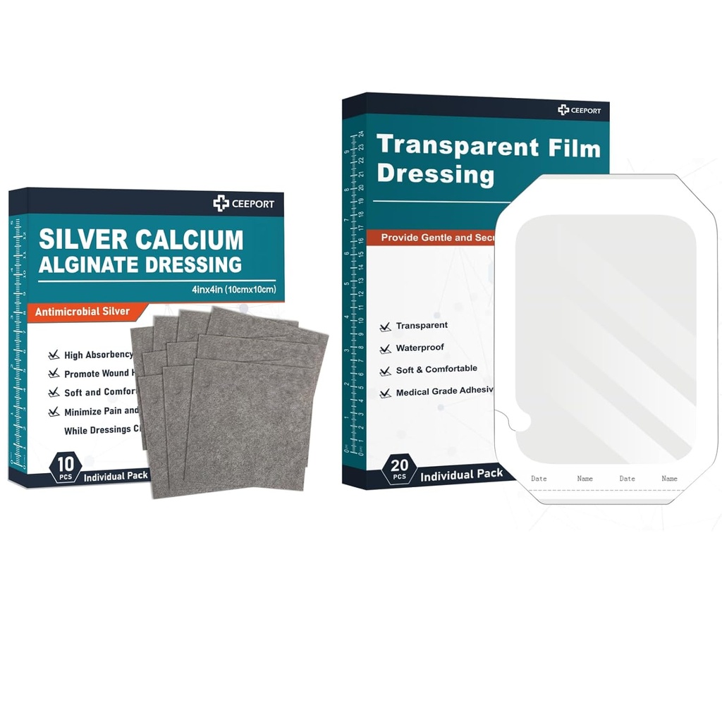 Sølv Calcium Alginate Dressing (4 "x4" 10pcs) + Transparent Film Dressing (6 "x 8" 20Pcs)
