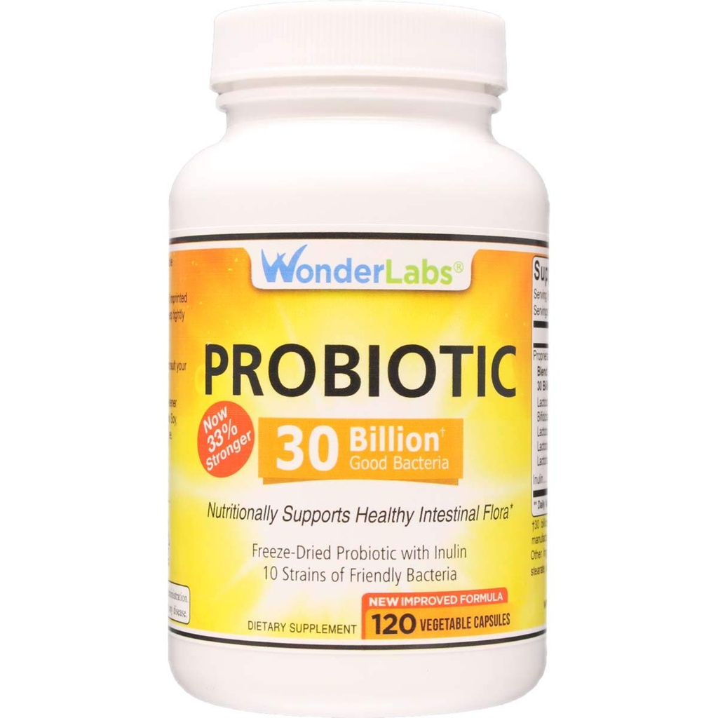 Wonder Laboratories Probiotic 30 Billion God Bacteria (8 Lactobacillus Strains og 2 Bifidobacterium Strains), Ernæringsmæssigt Support et sundt fordøjelsessystem, 120 Kapsler