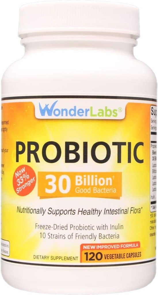 Wonder Laboratories Probiotic 30 Billion God Bacteria (8 Lactobacillus Strains og 2 Bifidobacterium Strains), Ernæringsmæssigt Support et sundt fordøjelsessystem, 120 Kapsler