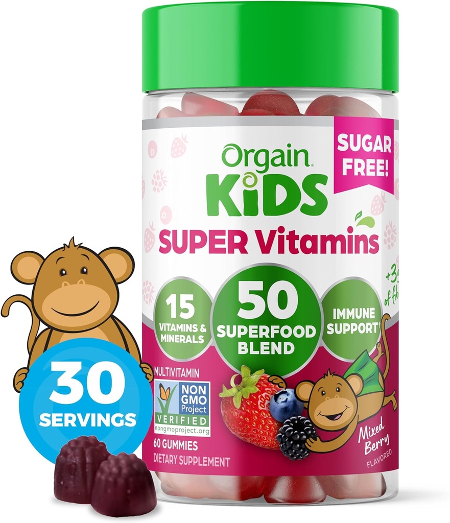 Orgain Kids Sugar Free Multivitamin Gummies, Vegan & Plant Based, 50 Superfoods, 15 Vitaminer og mineraler, immunforsvar og 3 g fiber, blandet berry, alder 4 +, 1 måned Supply (60 Gummies)
