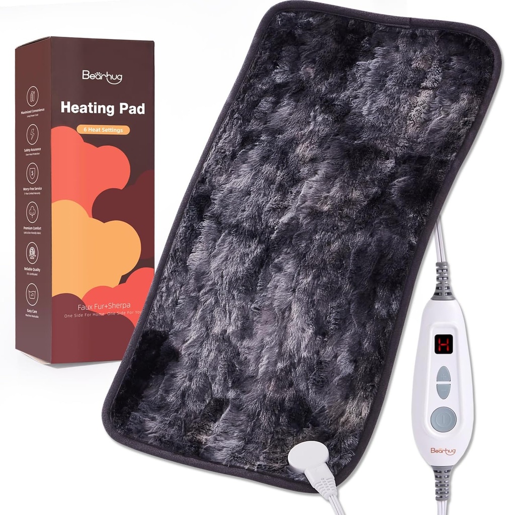 Bearknus Elektrisk opvarmning Pad 12 "x24" Double- Sidet Faux Fur opvarmet Pad, 6 varmelegemer, 2H Auto- Off, Fugtig & tør varme terapi til ryg smertestillende, maskine vaskbar, ETL Certificeret - gaveæske