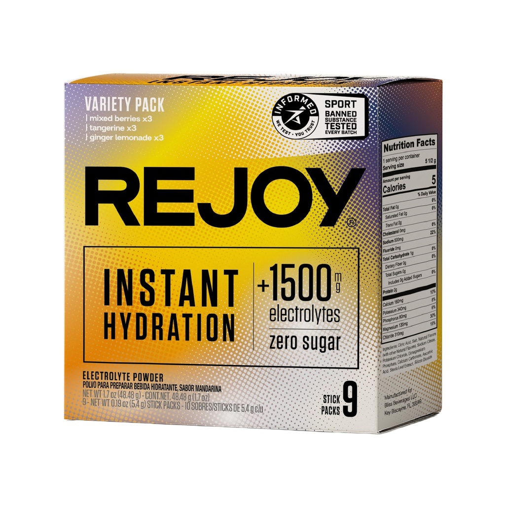 Rejoy - Electrolyte Powder Packets, 9 Sticks - Hydration Drink Mix Supplement - Sukker gratis, Keto og Paleo Friendly, Vegan, Non- GMO, Easy Open Single- Serving Stick (Variety Pack)