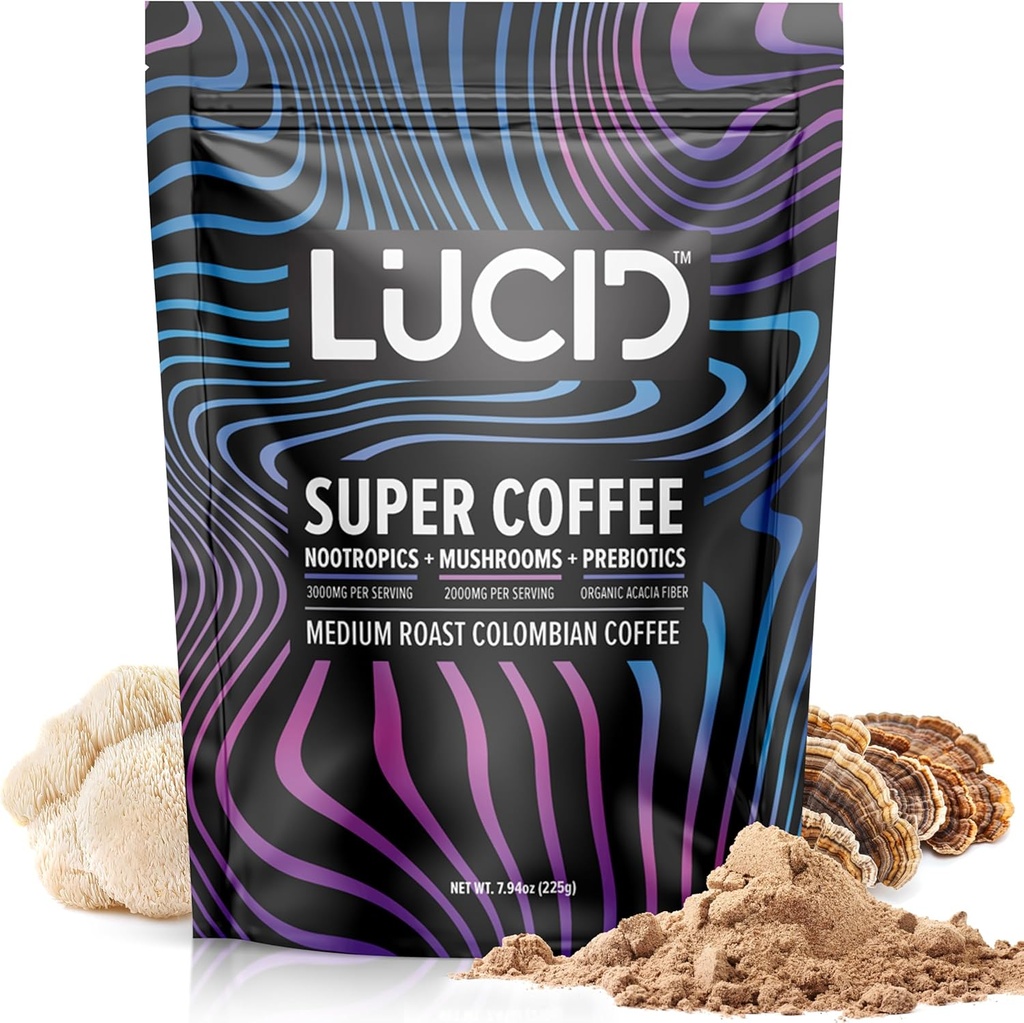Lucid Superfood Organic Mushroom Kaffe med Nootropics - Lions Mane, Tremella, Cordyceps & Turkey Tail - Instant Mushroom Coffee Focus Brain Health - Alpha GPC, L-Theanine, Ginko Biloba - USA Made