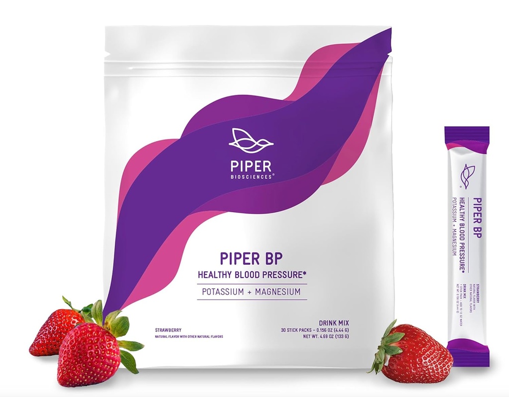 Piper Biosciences Blood Pressure Drink Mix med Kalium Citrate og Magnesium Citrate Powder (Vegan, Non- GMO): 30 Stick Packs